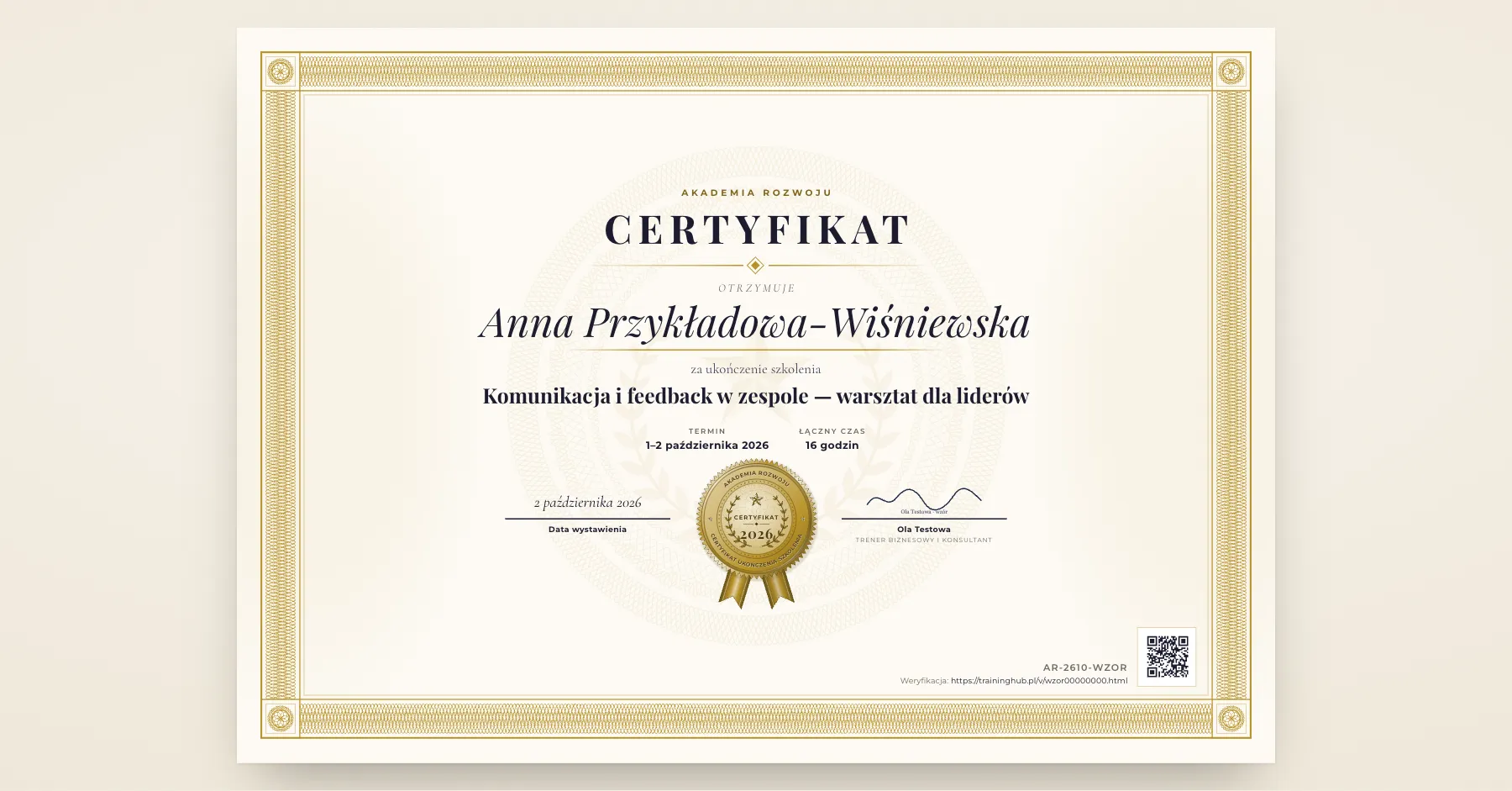 Certyfikat „Klasyczny” z pieczęcią i kodem QR weryfikacji