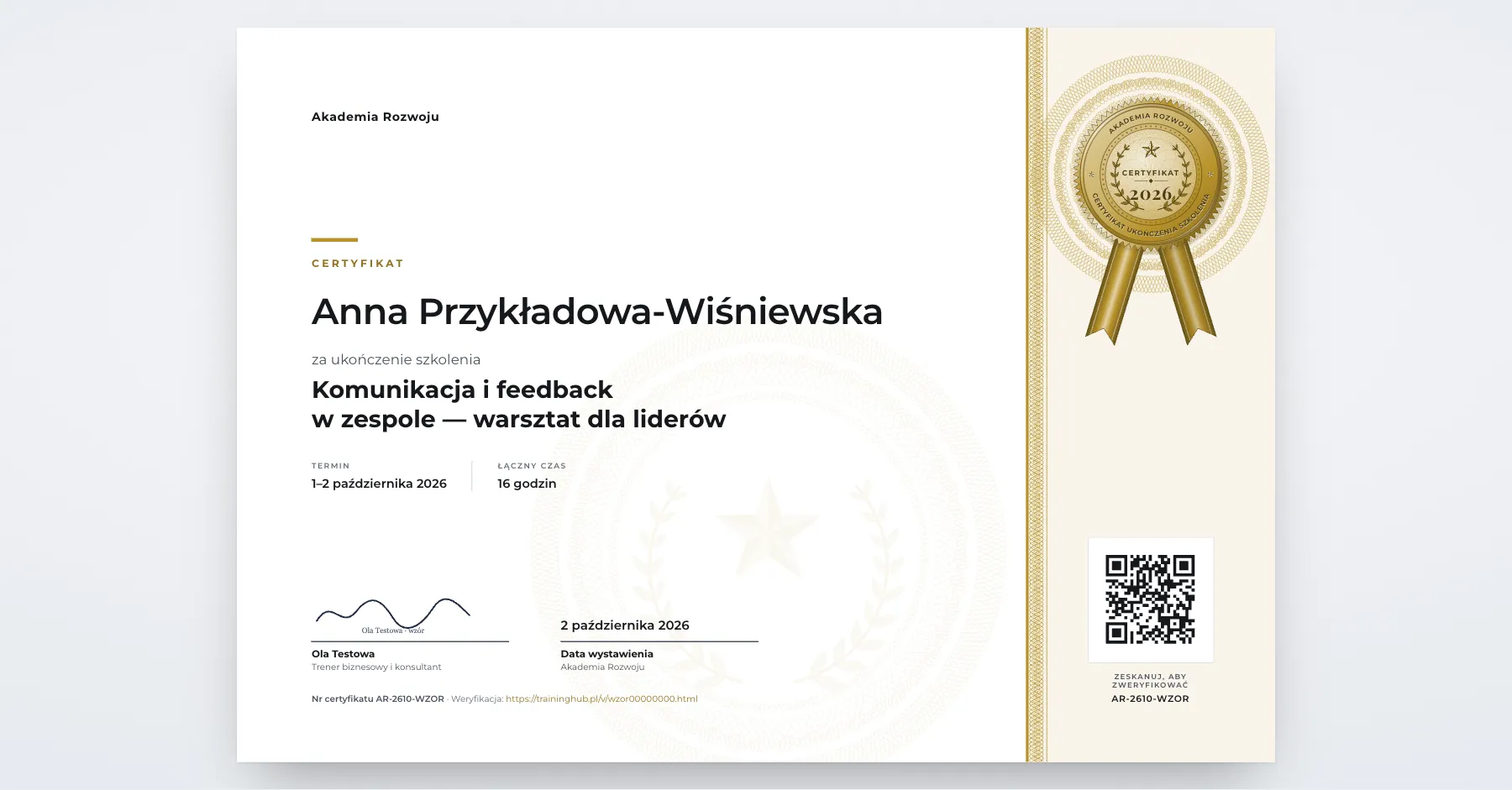 Certyfikat „Nowoczesny”: biały arkusz z pasem, pieczęcią i kodem QR